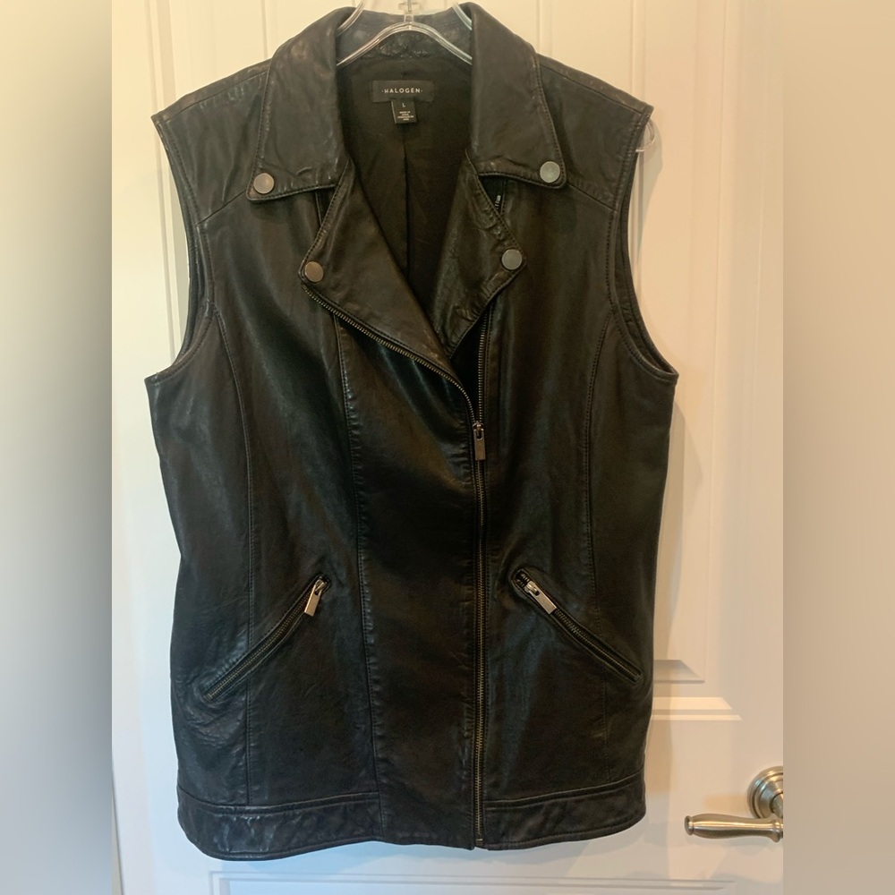 Nordstrom Halogen Black Leather Moto Biker Vest Size L - Picture 2 of 13